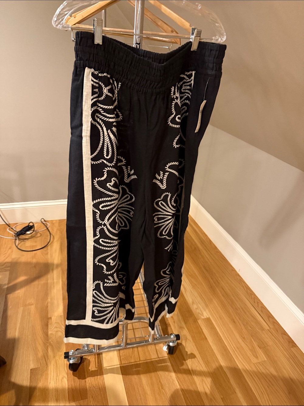Anthropologie Black Linen Pants with White Embroidered Side Panels